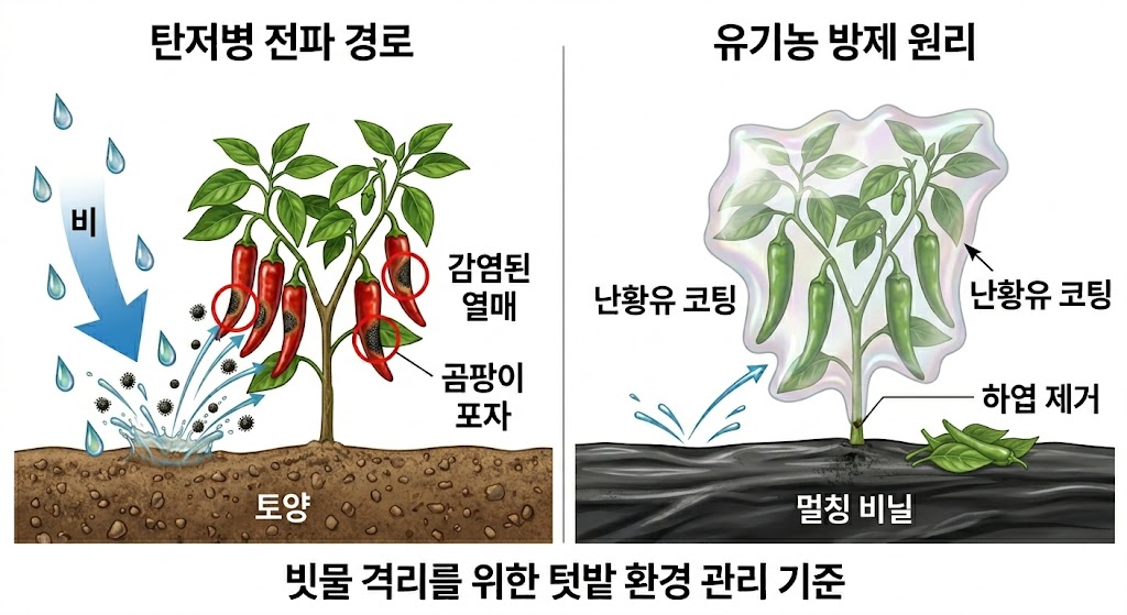 비가 올 때 흙에서 고추 열매로 곰팡이 균이 튕겨 올라가는 과정과 하부 잎 제거 및 비닐 멀칭으로 이를 차단하는 예방 원리를 보여주는 삽화입니다