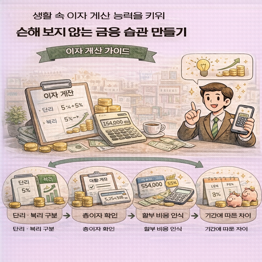 이자 계산과 금융 습관 안내 인포그래픽