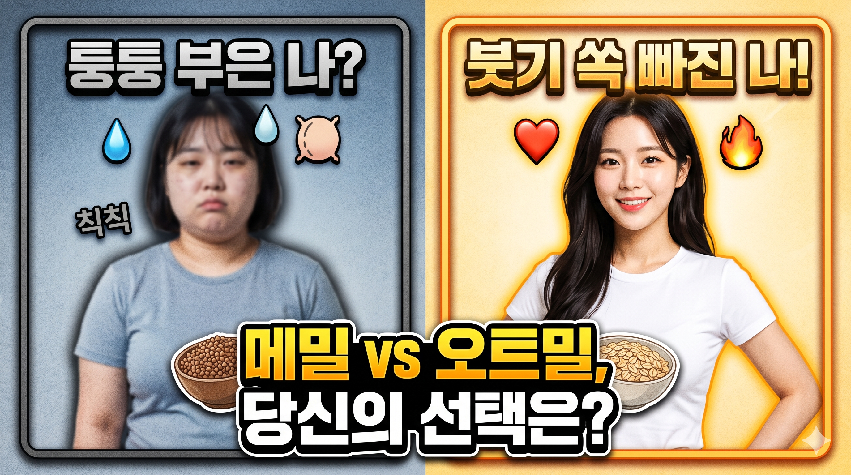 메밀과 오트밀 다이어트 효과 비교 썸네일. 붓기 쏙 빠진 모습과 슬림해진 모습의 비포 애프터 사진, 메밀과 오트밀 중 당신의 선택을 묻는 텍스트가 담겨 있음.