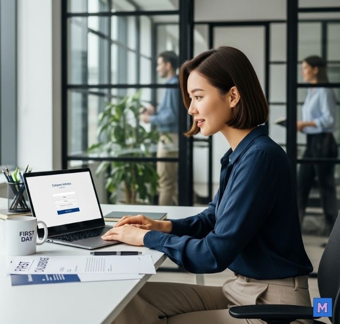 Z세대 신입사원이 현대적인 사무실에서 노트북으로 회사 복리후생 체크리스트를 확인하고 있는 모습 via Gemini