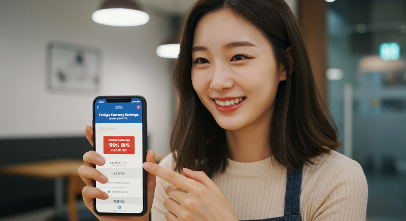 스마트폰 뱅킹 앱으로 환율 우대 정보를 확인하는 모습