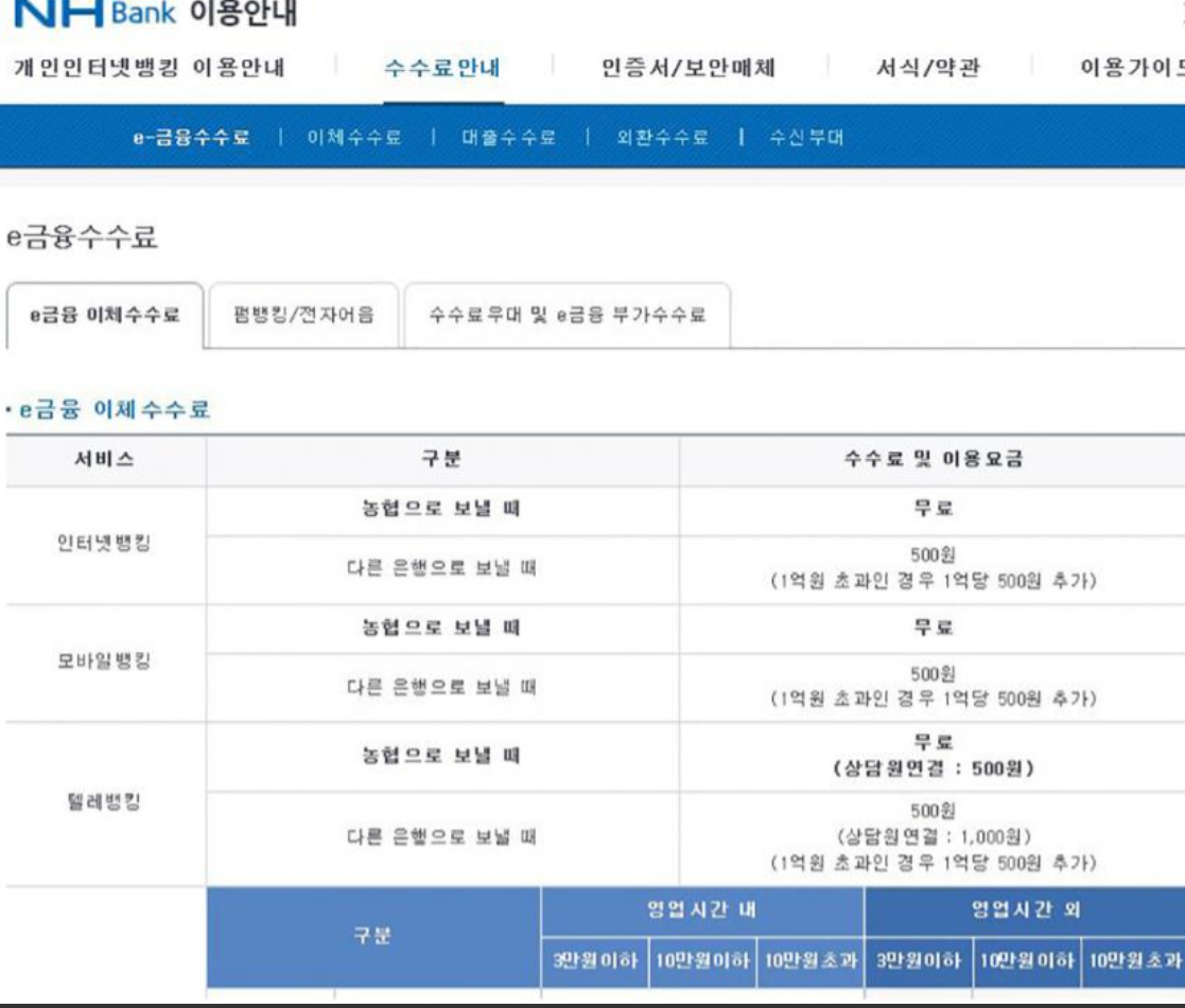 수수료 안내 화면