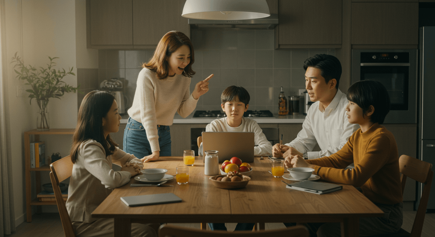 가족이 파이네트워크 채굴과 미래 가치를 이야기하는 장면 2