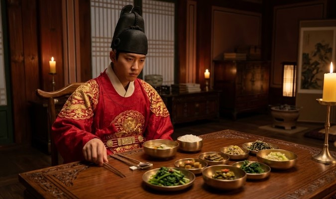 수라상 앞에서 고기 반찬이 없는 것을 보고 수저를 내려놓은 채 단호한 표정을 짓고 있는 젊은 세종대왕. 인간적이면서도 고집 있는 군주의 면모를 보여줍니다.