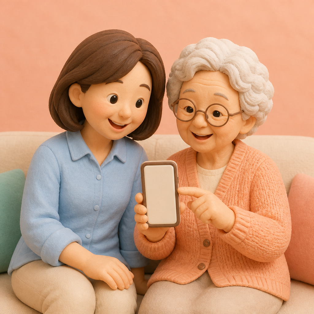 거실 소파에서 할머니에게 휴대폰 설정을 보여 주는 40대 딸