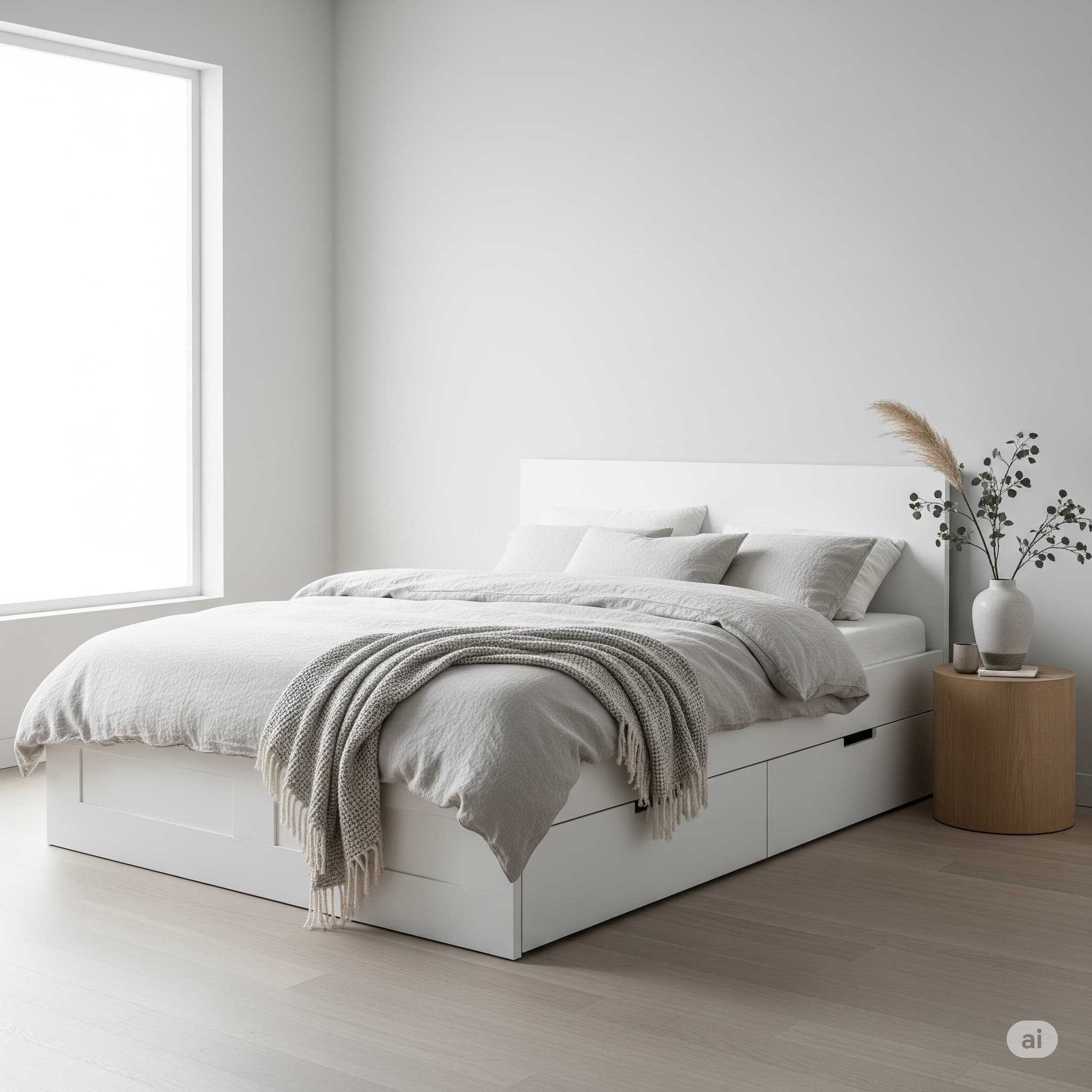 화이트 수납형 침대와 내추럴 베딩이 조화를 이루는 미니멀 침실