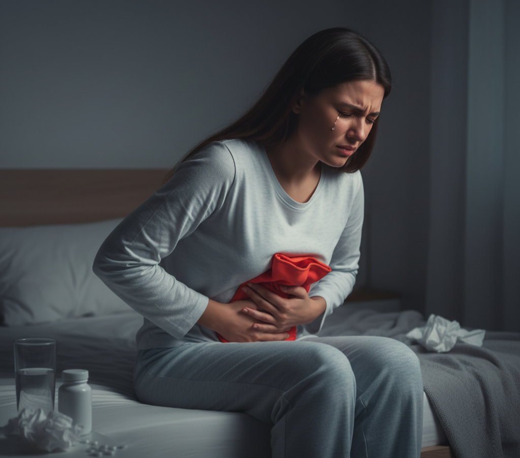 소변을 볼 때 통증과 복통을 느끼는 여성의 모습, 방광염 초기 증상 예시