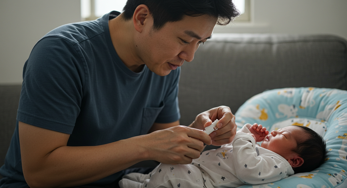 아빠가 아기 손톱 확인하는 장면