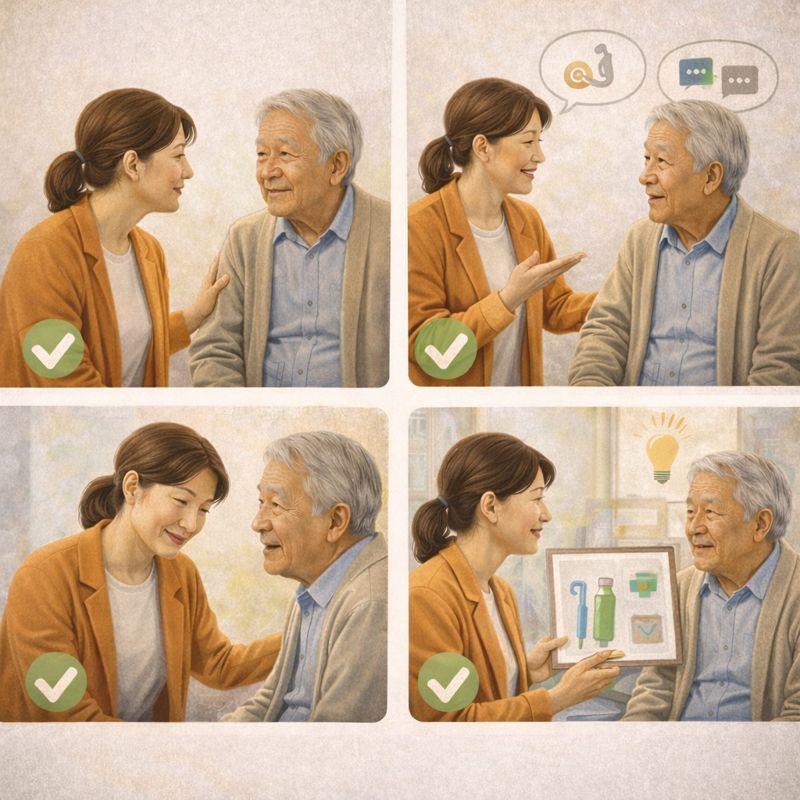 치매 환자와 보호자가 눈을 맞추고 차분하게 대화하며 의사소통하는 모습