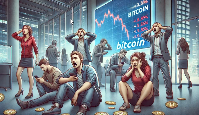 비트코인 하락에 사람들이 울부짖고 있는 모습
