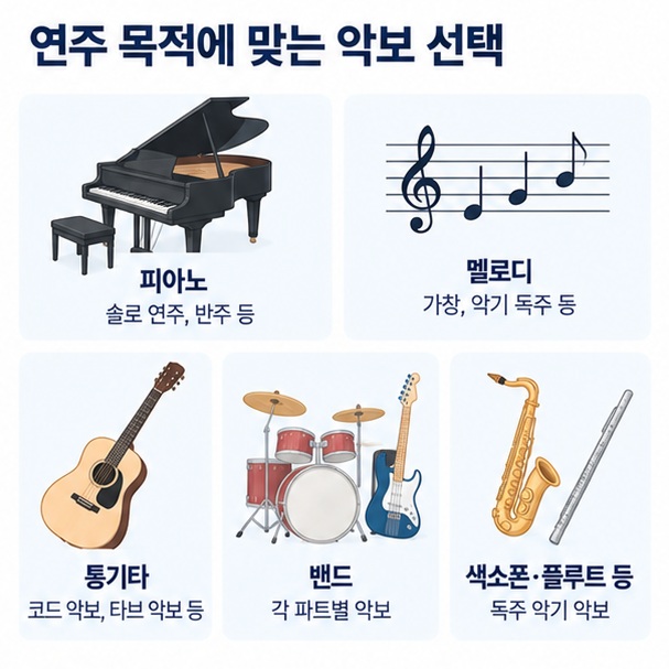 피아노와 멜로디, 통기타, 밴드, 독주악기용 악보 종류를 비교한 이미지