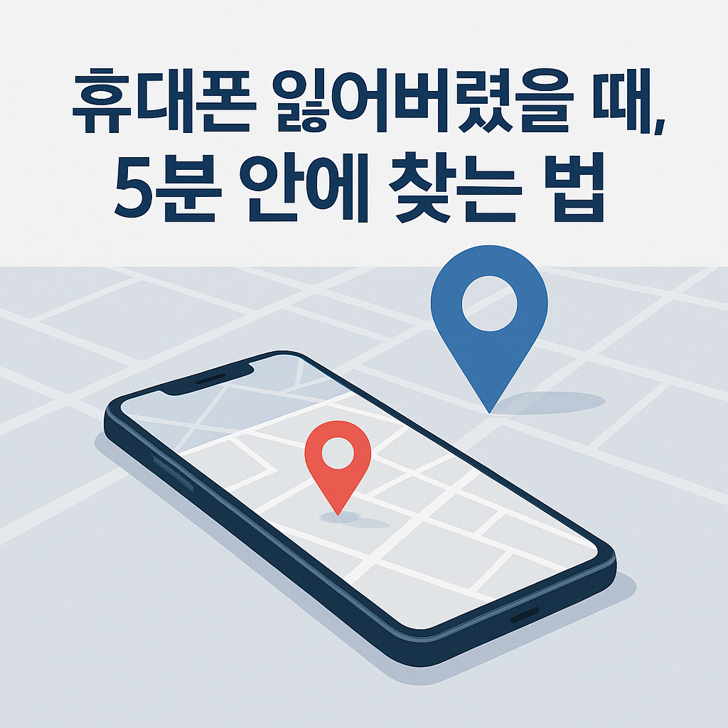지도 위에 위치 아이콘이 표시된 스마트폰 화면과 '휴대폰 잃어버렸을 때, 5분 안에 찾는 법'이라는 문구가 있는 정보형 썸네일 이미지