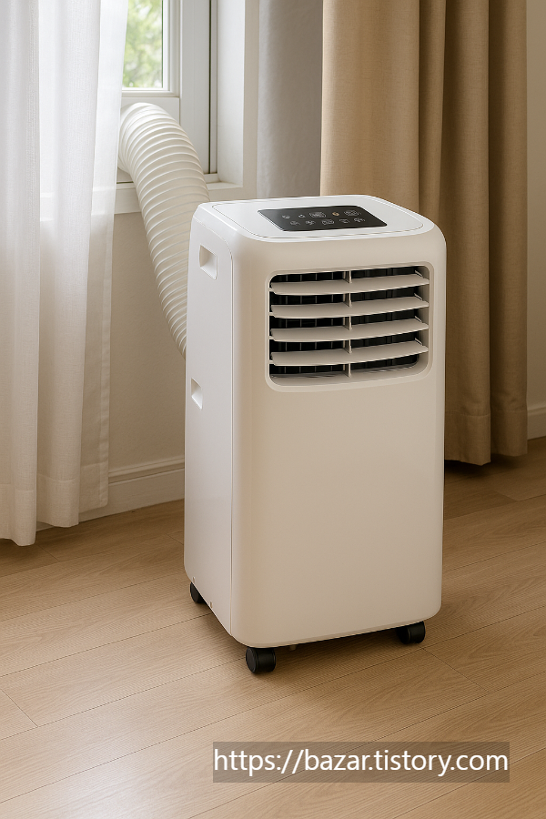 햇살이 비치는 실내에 설치된 이동식에어컨이 나무 바닥 위에 놓여 있고, 배기 호스는 창문을 통해 외부로 연결되어 있는 모습