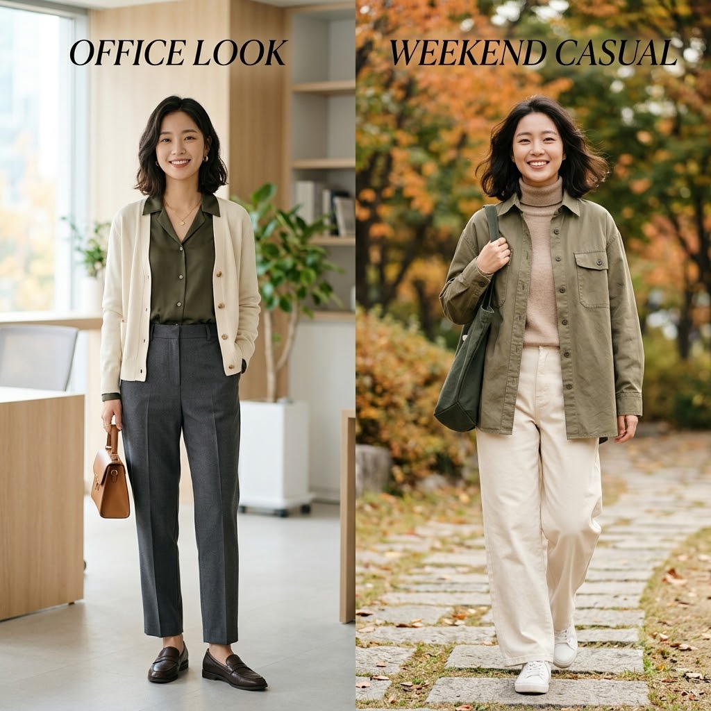 Split composition showing a Korean woman in two autumn outfits &mdash; left side polished office look with cardigan and slacks, right side casual weekend look with khaki shirt jacket and wide pants &mdash; soft neutral background, fashion lookbook style