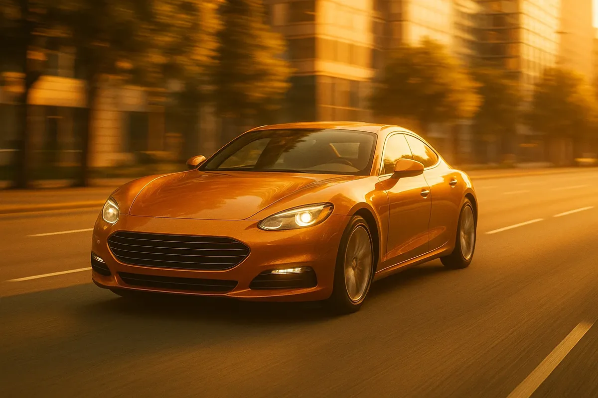 도심을 질주하는 오렌지색 스포츠카