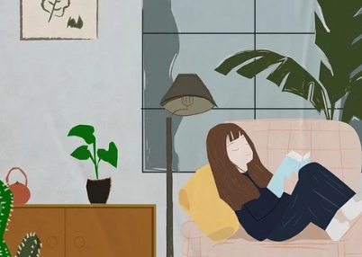 천식 치료 방법 중 하나인 환경요법으로 외출을 삼가한 채 집안에서 책을 보고 있는 여성을 묘사한 이미지입니다.