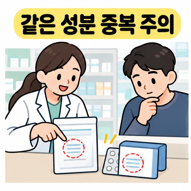 같은 성분 중복 주의라는 문구 아래 약사가 약 봉투와 추가 약 포장에 표시된 성분 위치를 비교하며 설명하는 그림