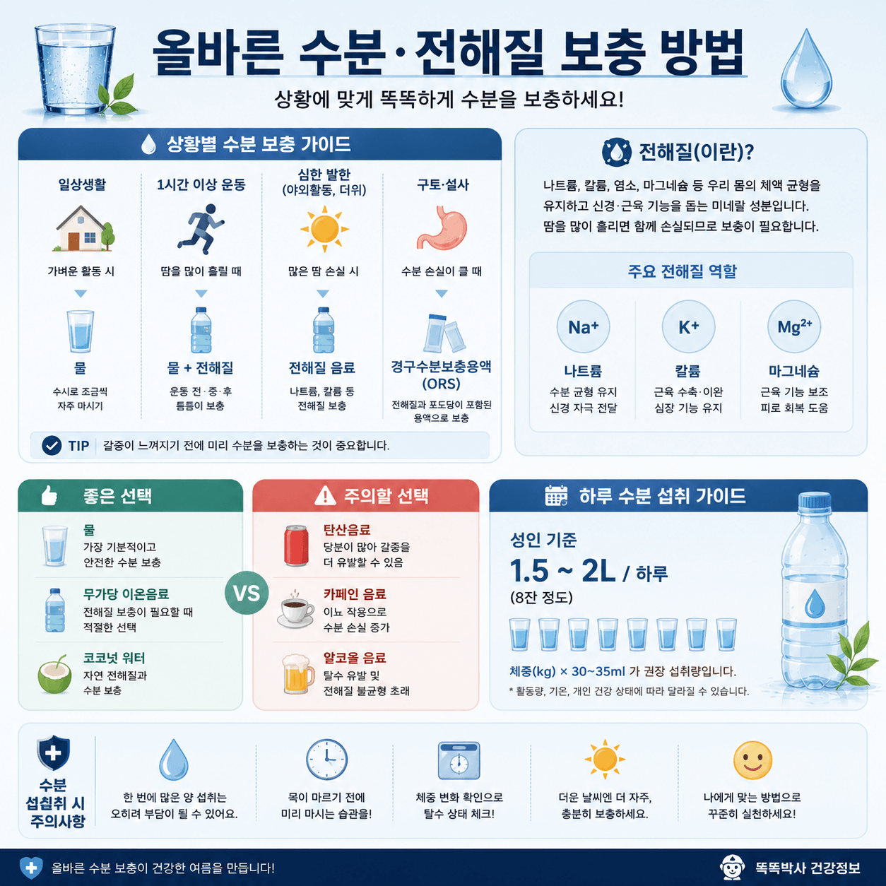 상황별 수분&middot;전해질 보충 방법과 탈수 예방법, 하루 권장 수분 섭취량을 한눈에 정리한 건강 인포그래픽