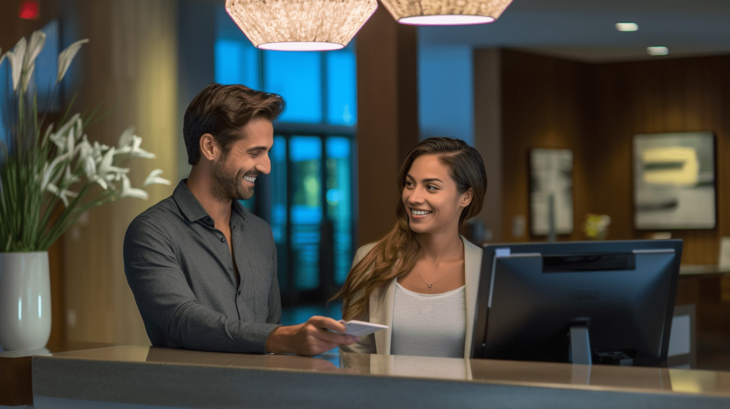 A young couple standing at the reception desk of a hotel.