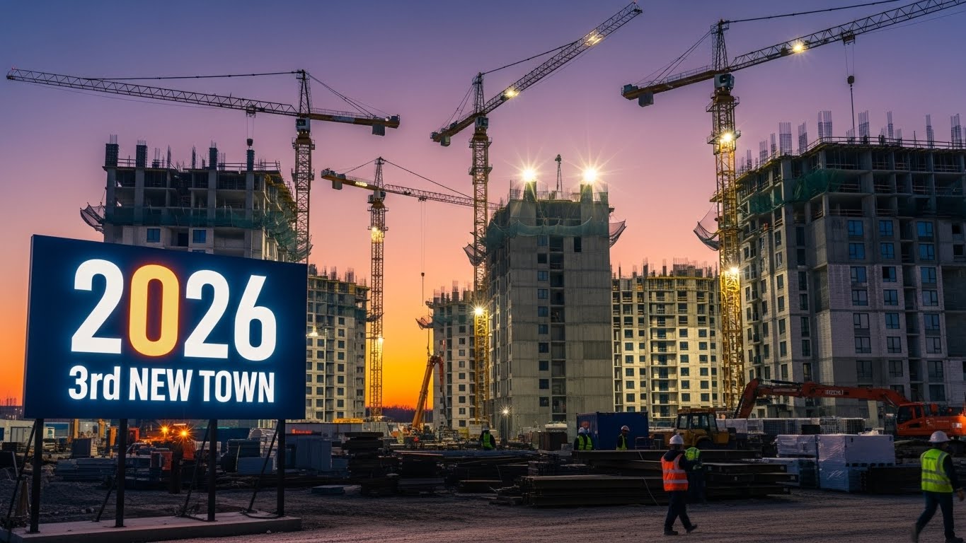 A construction site scene with cranes building new apartments, with a '2026 3rd New Town' signboard, symbolizing new housing supply.