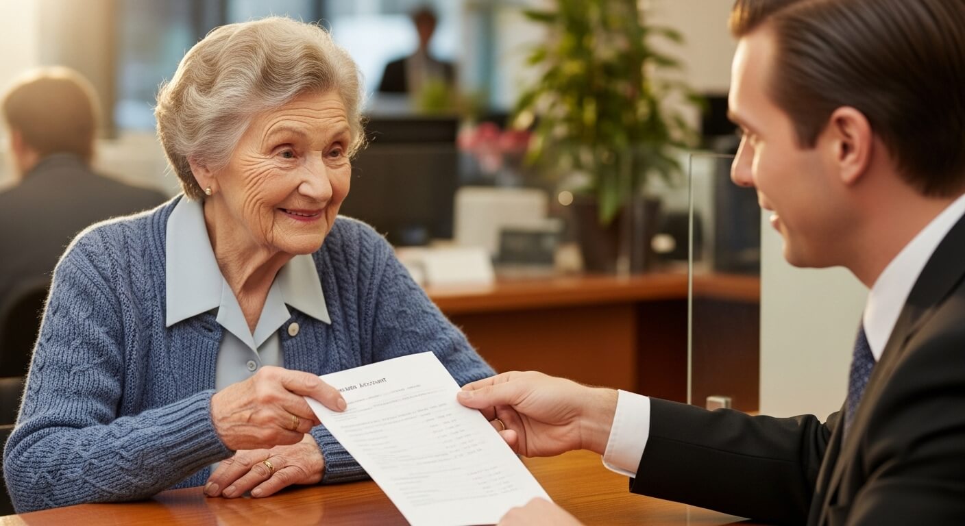 고령 여성이 창구에서 직원에게 서류를 건네는 장면