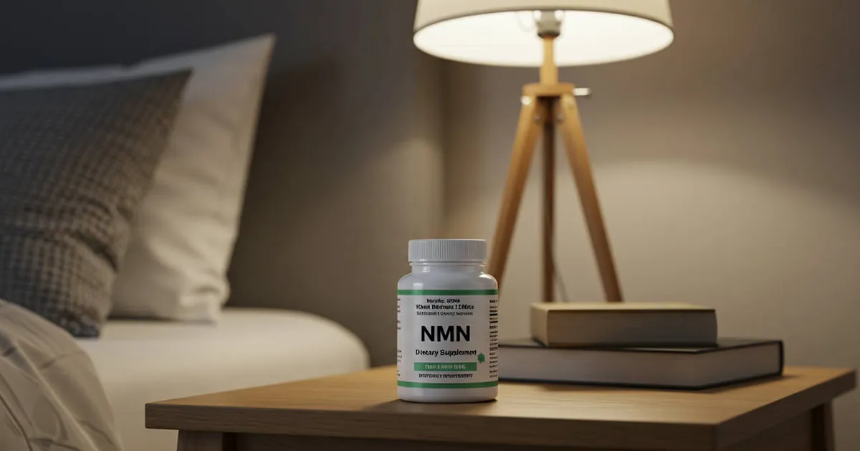 침실 테이블 위에 놓여진 NMN영양제 이미지