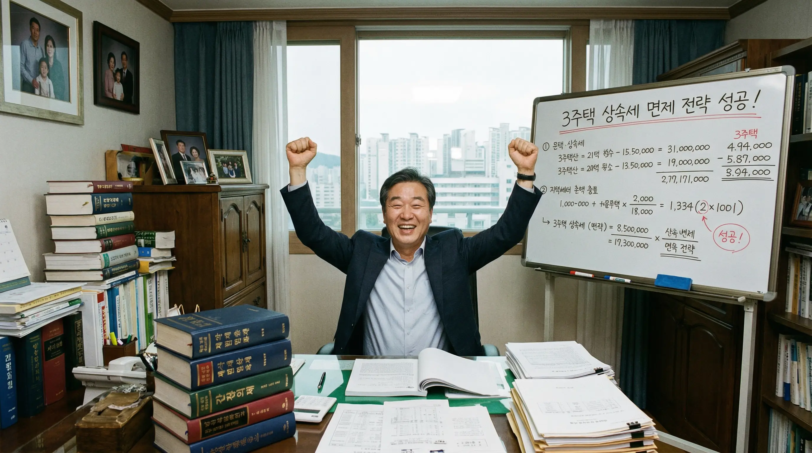 3주택 상황에서도 세금 면제 전략을 찾아내고 기뻐하는 상속인의 모습