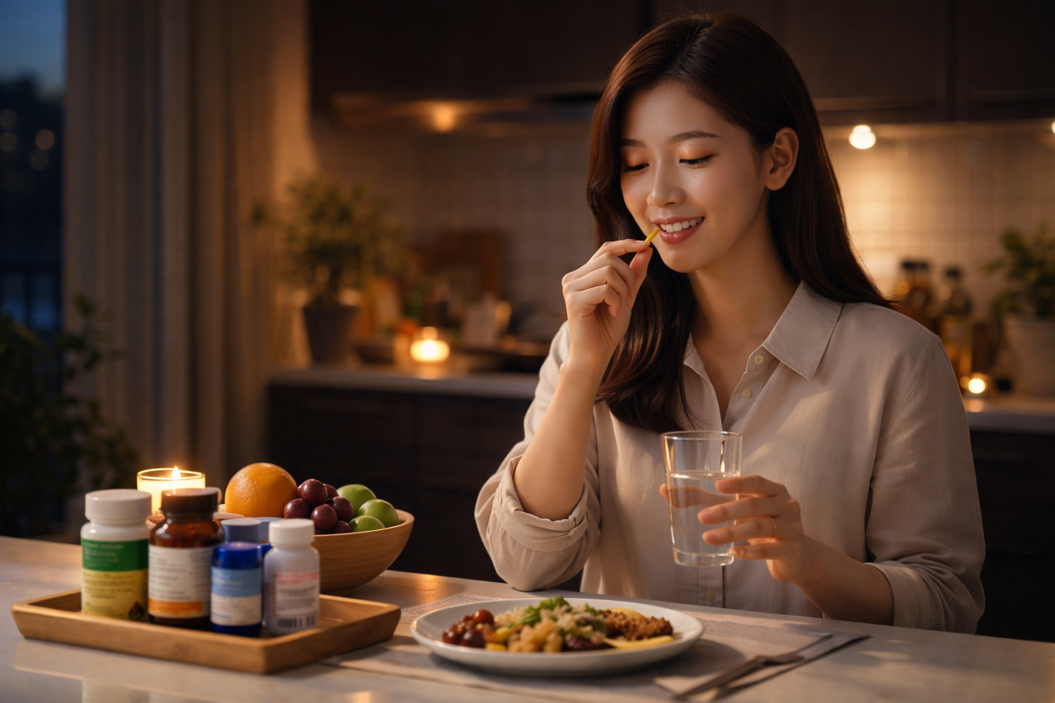 저녁 시간에 영양제 먹는 사람 이미지