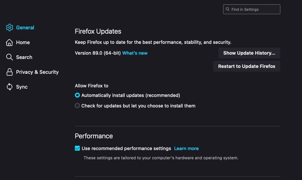 파이어폭스 설정 화면