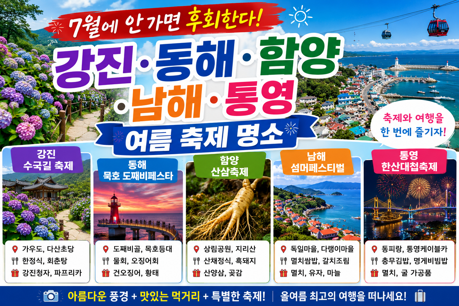 7월에 안 가면 후회한다! 강진&middot;동해&middot;함양&middot;남해&middot;통영 여름 축제 명소