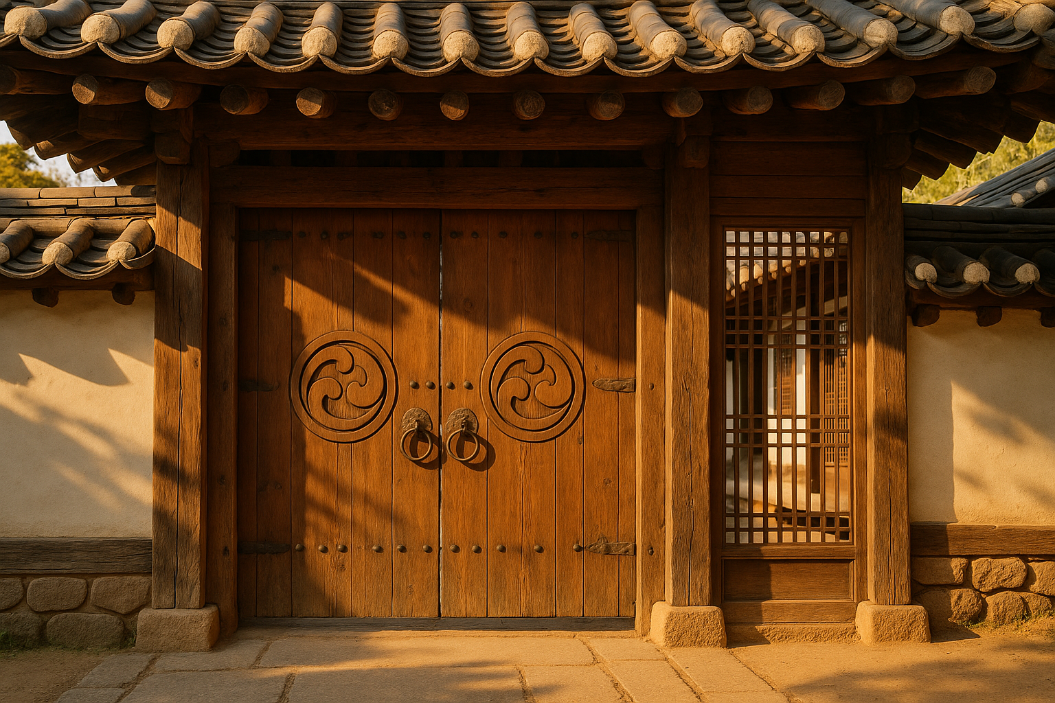 전통 한옥 대문과 문살이 보이는 장면