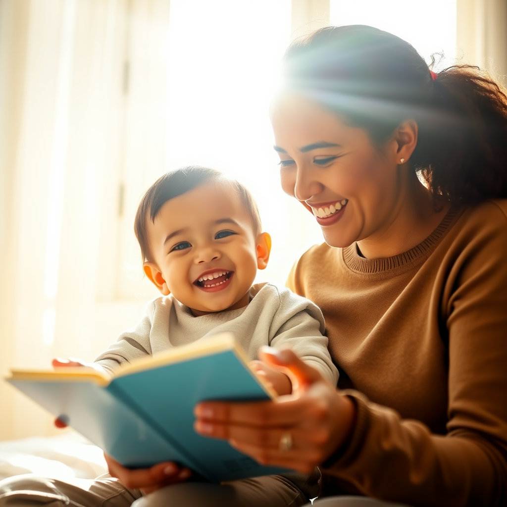 아이를 돌보는 부모와 아이가 함께 웃고 있는 따뜻한 가족의 모습에, 고용노동부 로고나 육아휴직 급여 관련 문구(예: