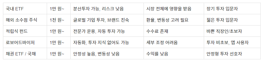 20대 소액투자 월 10만원 재테크 표