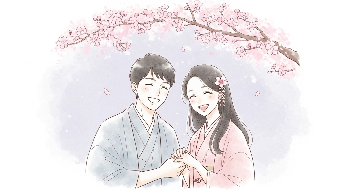 A clean, minimalist illustration of two Japanese characters, a man and a woman, smiling warmly under a cherry blossom tree.