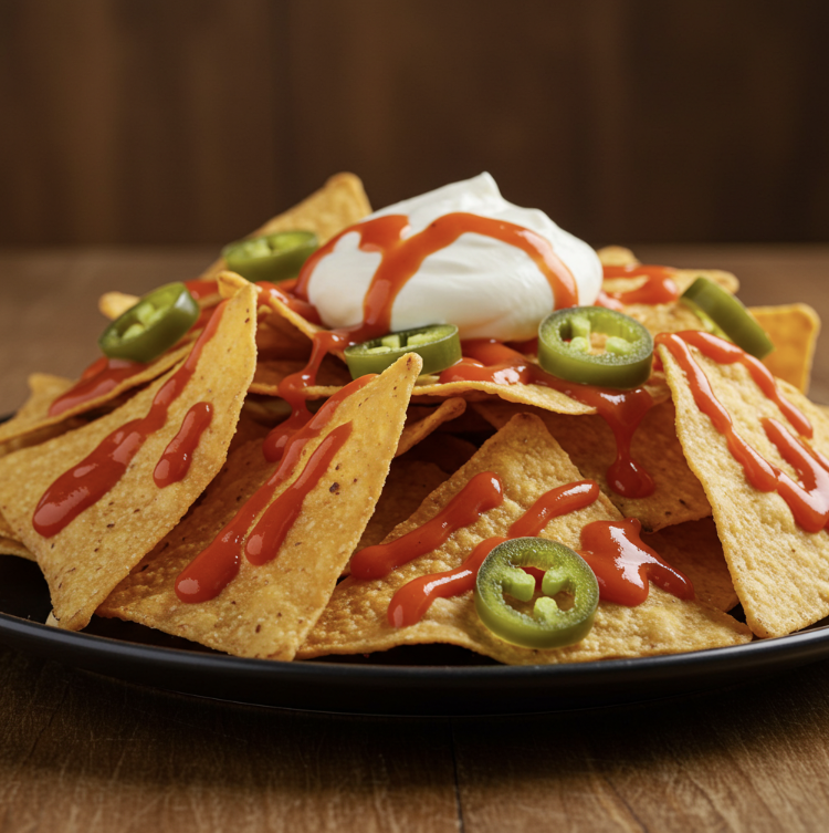 스파이시한 소스가 뿌려진 나초