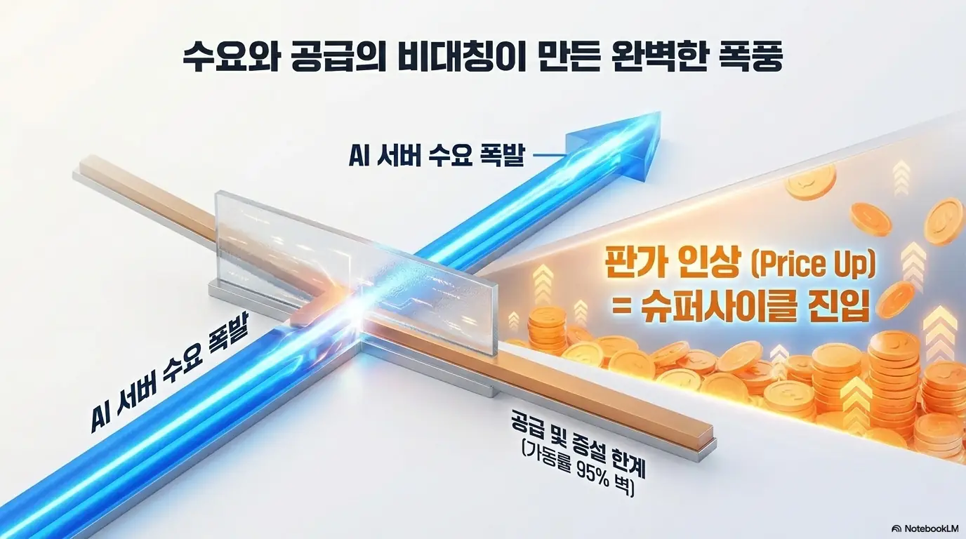 MLCC 관련주: AI 서버 수요 폭발과 공급 한계가 교차하며 MLCC 판가 인상으로 이어지는 구조를 표현한 이미지. 수요와 공급의 비대칭이 만든 가격 상승이 슈퍼사이클 진입을 뜻한다는 흐름이 그려져 있다. 이 이미지는 MLCC 공급부족과 판가인상이 동시에 나타나는 구조를 시각적으로 전달하며&amp;#44; 블로그의 MLCC 슈퍼사이클 주제와 관련된 내용을 설명한다 