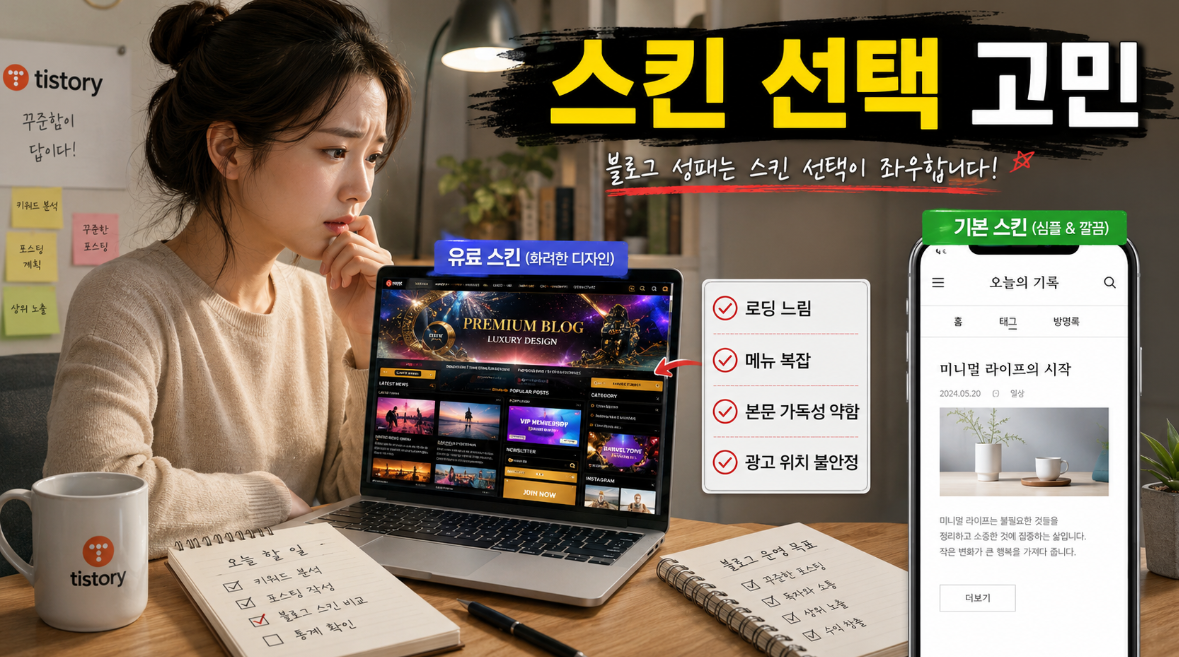 티스토리 유료 스킨의 복잡한 구조와 기본 스킨의 단순한 구조를 비교하는 문제 상황 이미지