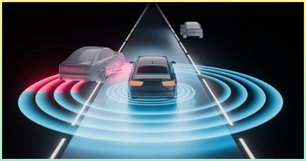 차량 주변의 레이더 감지를 보여주는 ADAS 이미지로, 차선 유지, 사각지대 모니터링, 충돌 회피를 강조하여 안전성과 자동화를 향상. 3D 렌더링