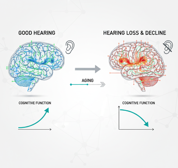 년기 청각 건강과 인지 기능 저하의 상관관계 및 뇌 자원 배분 효율 비교 시각화 자료
