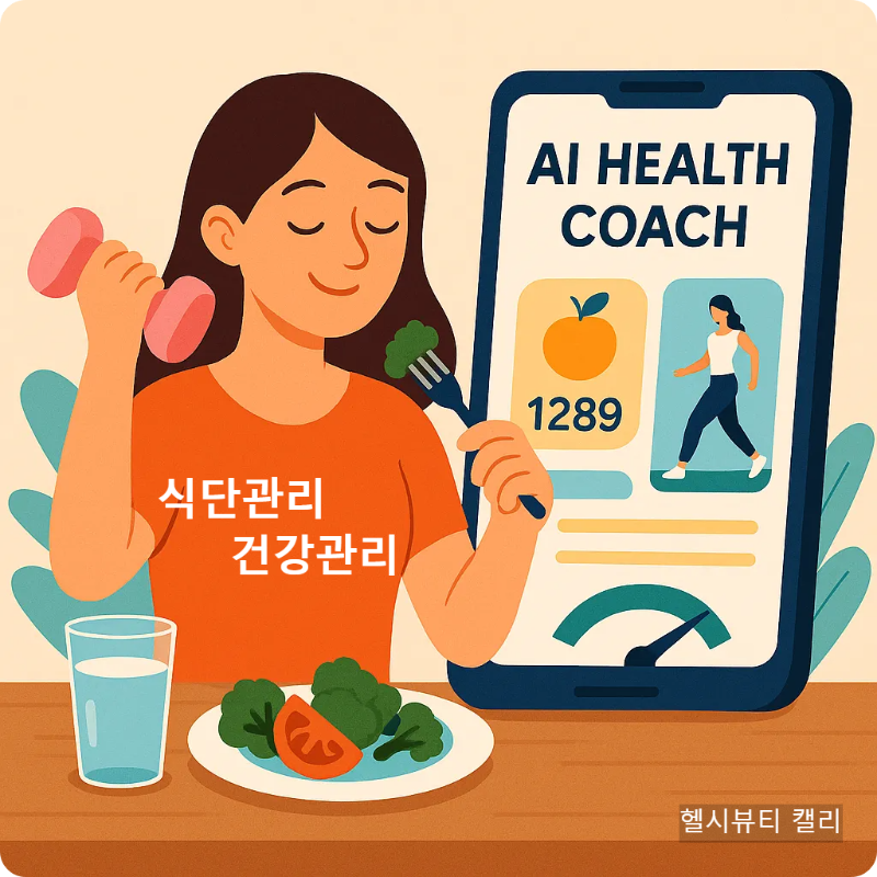 AI 헬스코치 앱을 사용하는 젊은 여성을 표현한 일러스트 썸네일