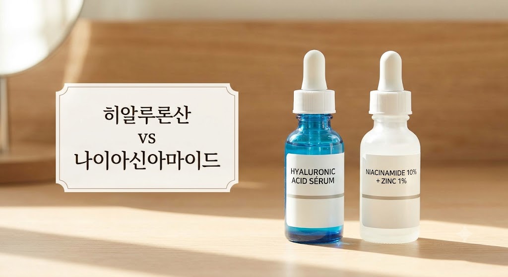 히알루론산과 나이아신아마이드 세럼 병 두 개가 나란히 놓여 있는 사진입니다. 왼쪽의 파란색 병에는 'HYALURONIC ACID SÉRUM'이라고 적혀 있고, 오른쪽의 투명한 병에는 'NIACINAMIDE 10% + ZINC 1%'라고 적혀 있습니다. 배경에는 '히알루론산 vs 나이아신아마이드'라고 적힌 작은 간판이 있습니다.