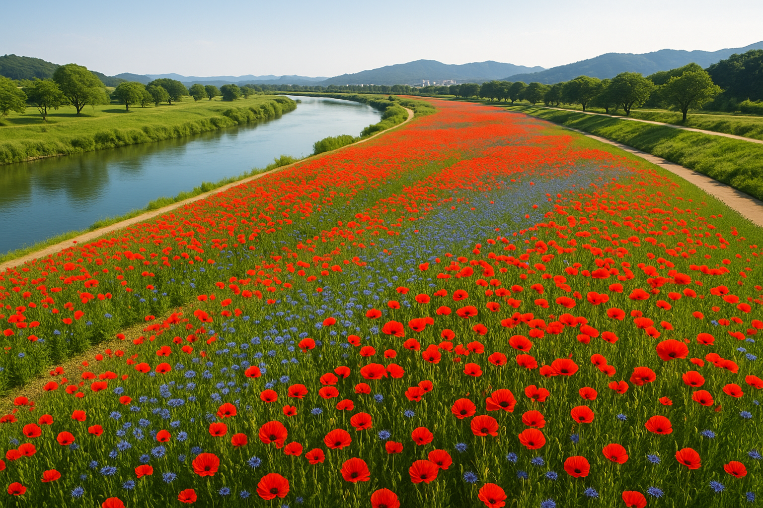 꽃양귀비와 수레국화가 어우러진 황룡강의 꽃길 전경