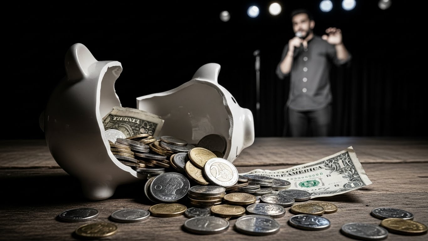 개그맨 이혁재의 사기 혐의를 상징하는, 깨진 돼지 저금통과 실망한 대중의 모습을 담은 이미지.