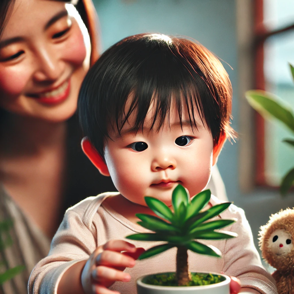 어린아이가 식물을 바라보며 호기심 가득한 표정을 짓고 있고 이모습을 엄마는 흐뭇하게 바라보고 있다.