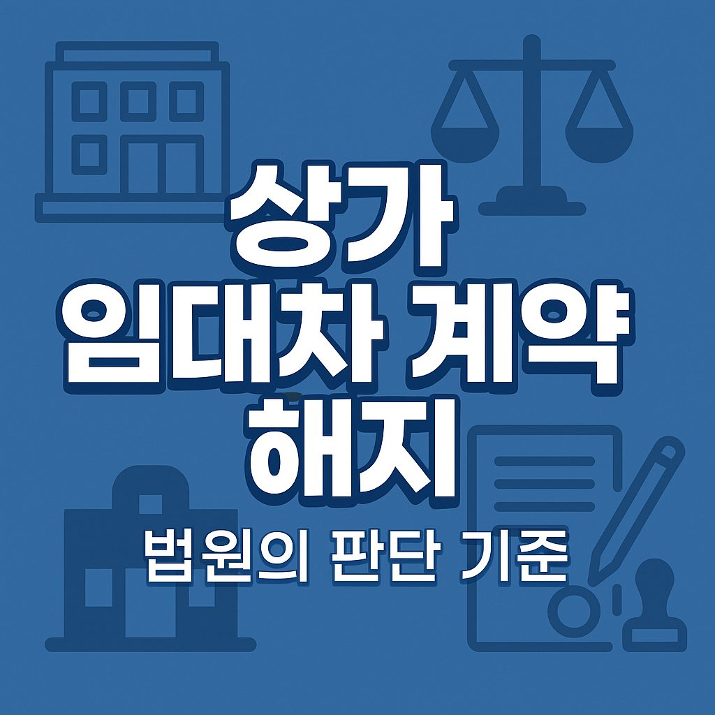 상가 임대차 계약 해지와 법원의 판단 기준을 설명하는 대표 이미지로, 상가 아이콘과 저울, 계약서 일러스트를 배경으로 배치한 디자인