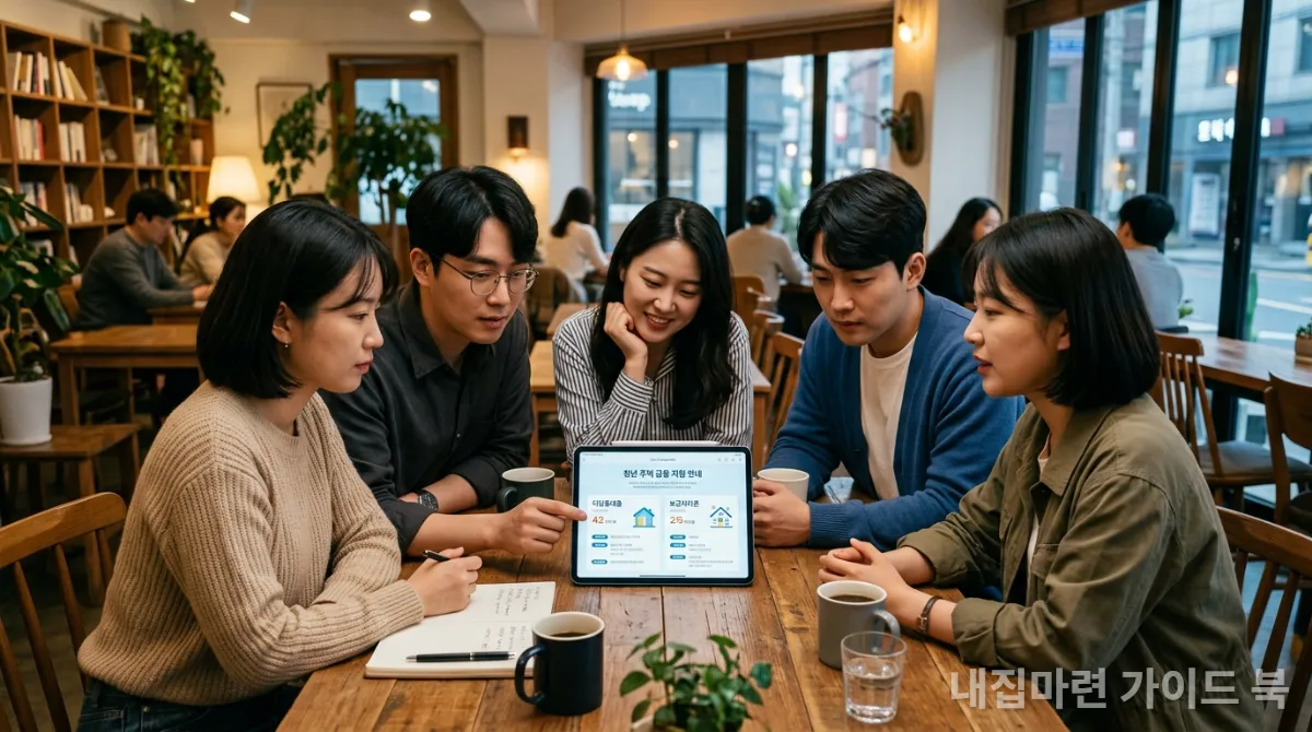 정부 지원 대출 상품을 함께 살펴보는 젊은 한국인들