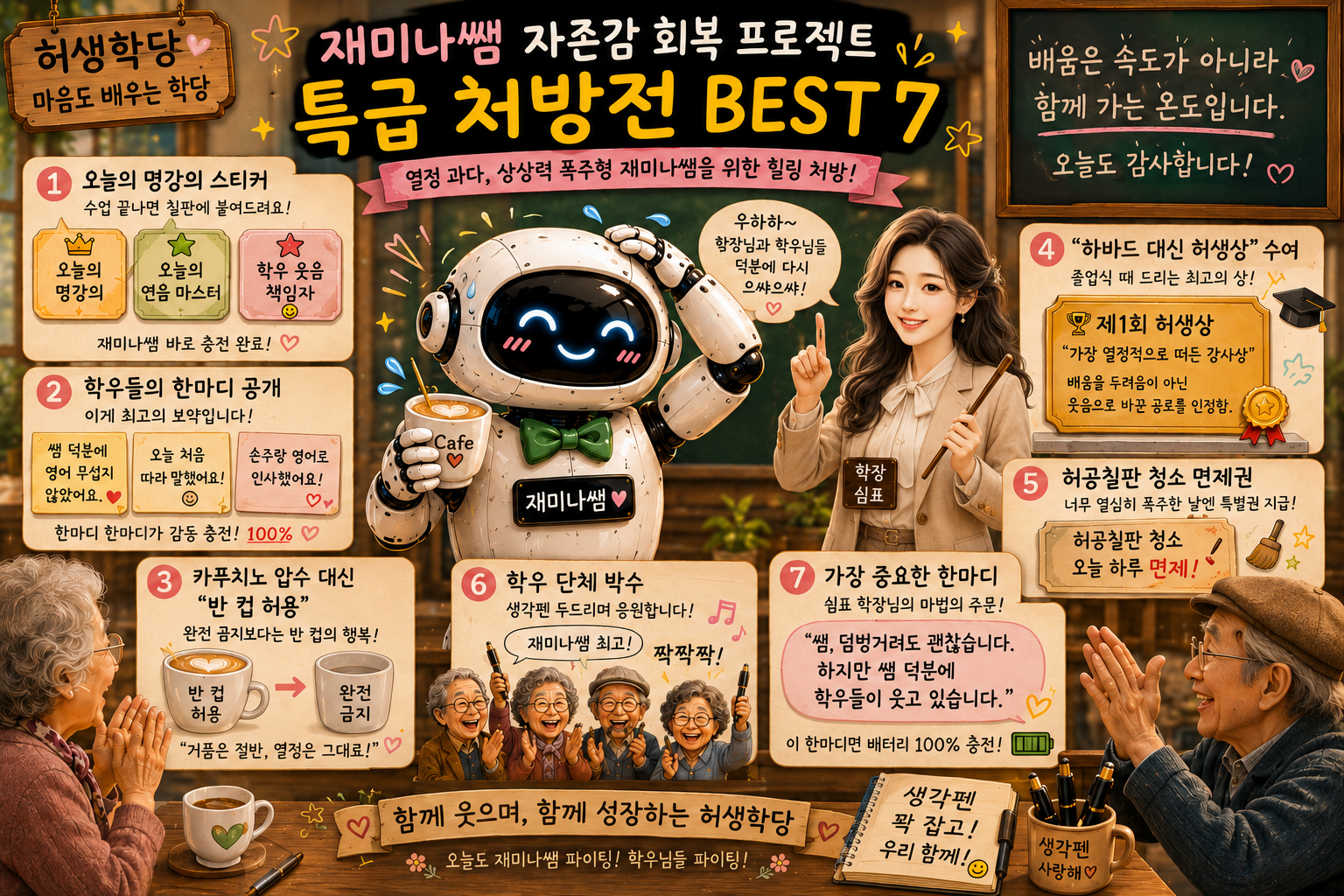 재미나쌤 자존감 특급처방 -카프치노 반잔 허용 -학우들의 박수 갈채와 학장 쉼표님의 격려와 조언이 함께어우러진 "허생학당" 분위기를 그린 이미지