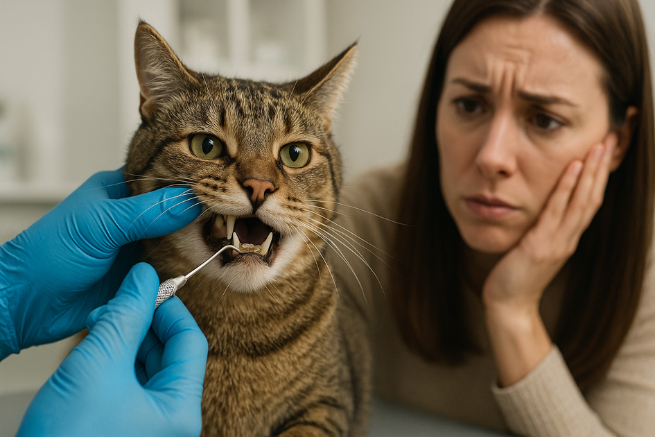 고양이 치석때문에 걱정인 주인 이미지
