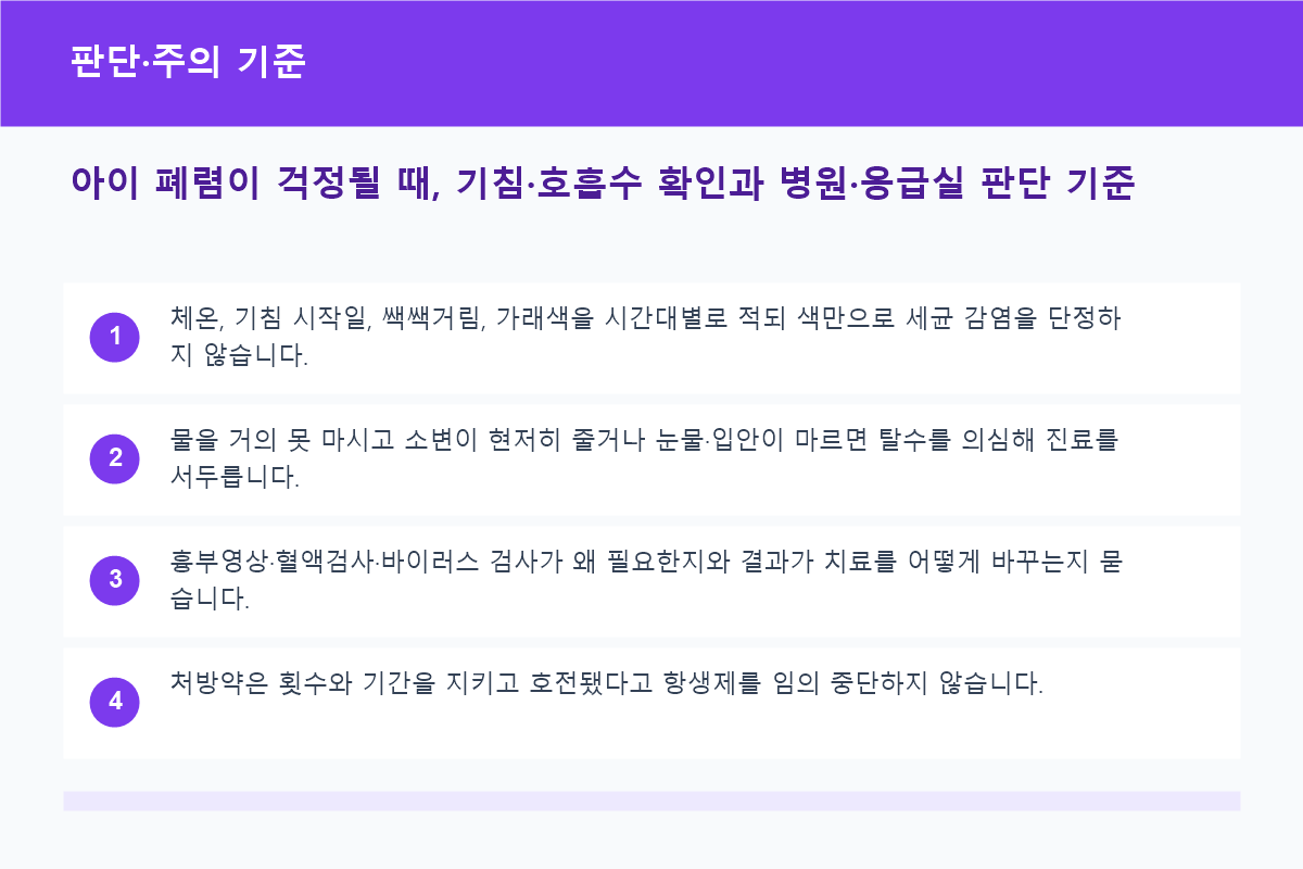 아이 폐렴 의심 시 외래와 응급실 판단 기준표
