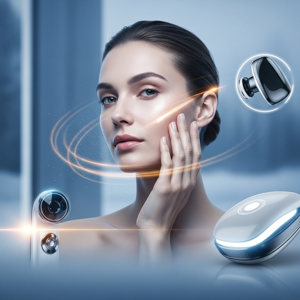 촉촉하고 빛나는 피부를 가진 여성이 스마트 보습 디바이스와 함께 편안하게 겨울 피부 관리를 하는 모습.